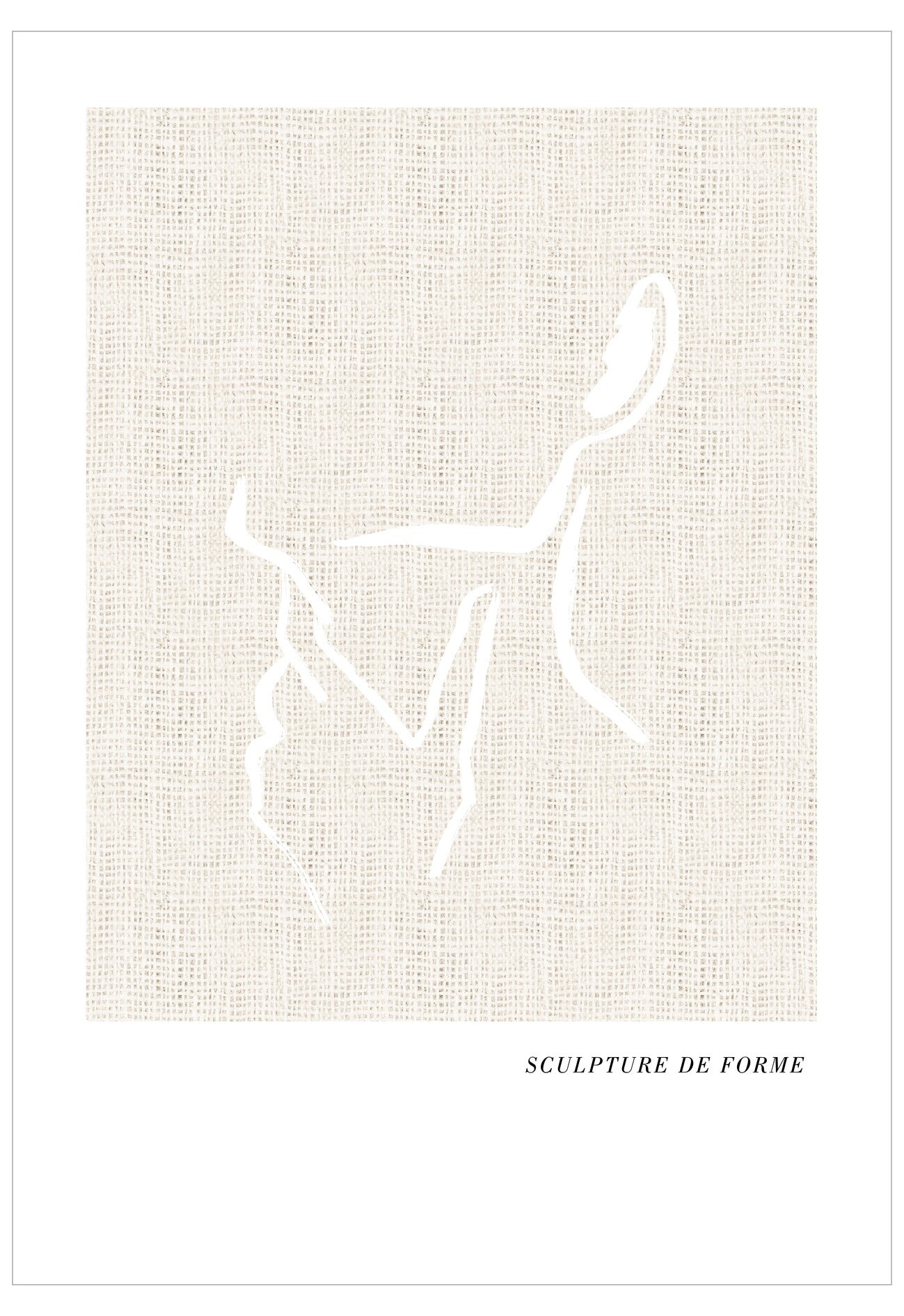 Abstract white sculpture on a textured beige background with 'SCULPTURE DE FORME' text.