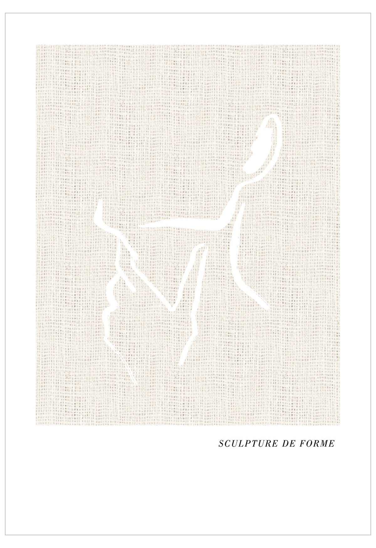 Abstract white sculpture on a textured beige background with 'SCULPTURE DE FORME' text.