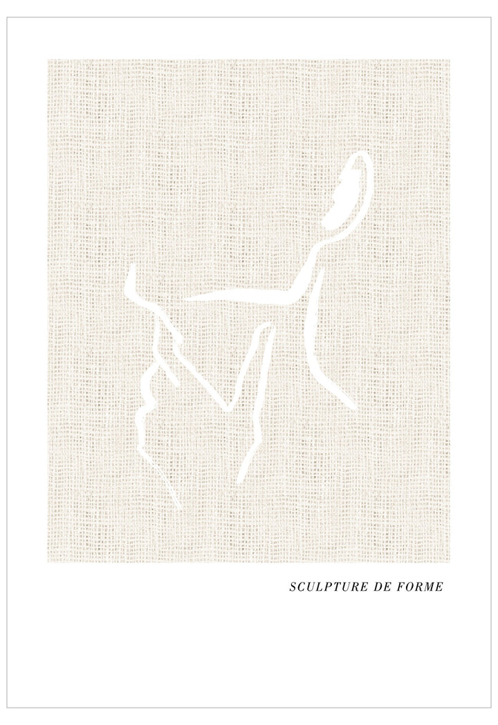 Abstract white sculpture on a textured beige background with 'SCULPTURE DE FORME' text.
