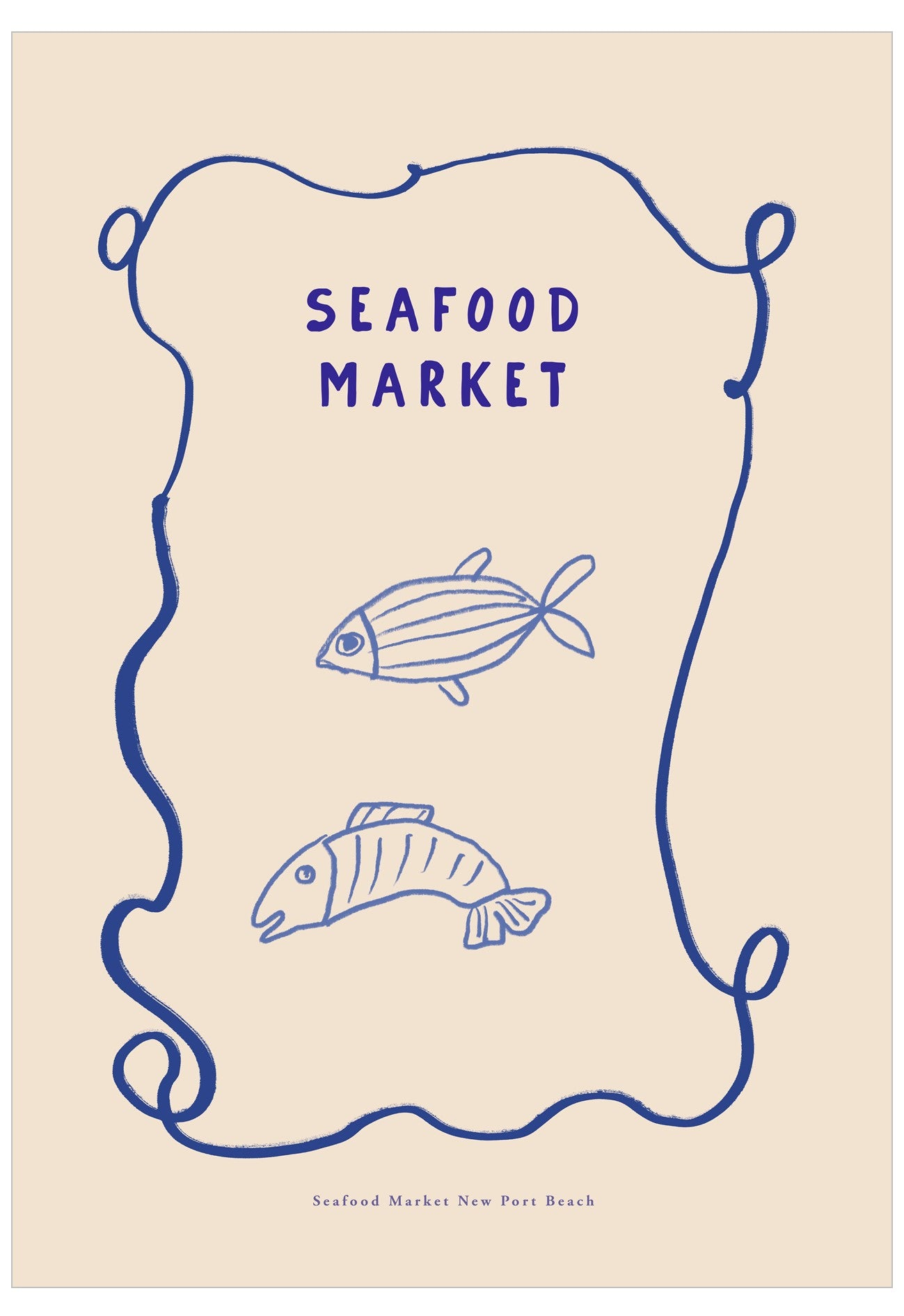 Poster with 'Seafood Market' text and fish illustrations on a beige background