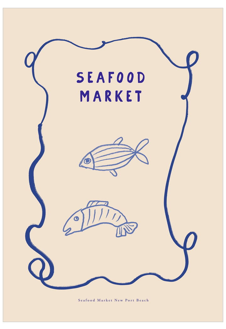 Poster with 'Seafood Market' text and fish illustrations on a beige background