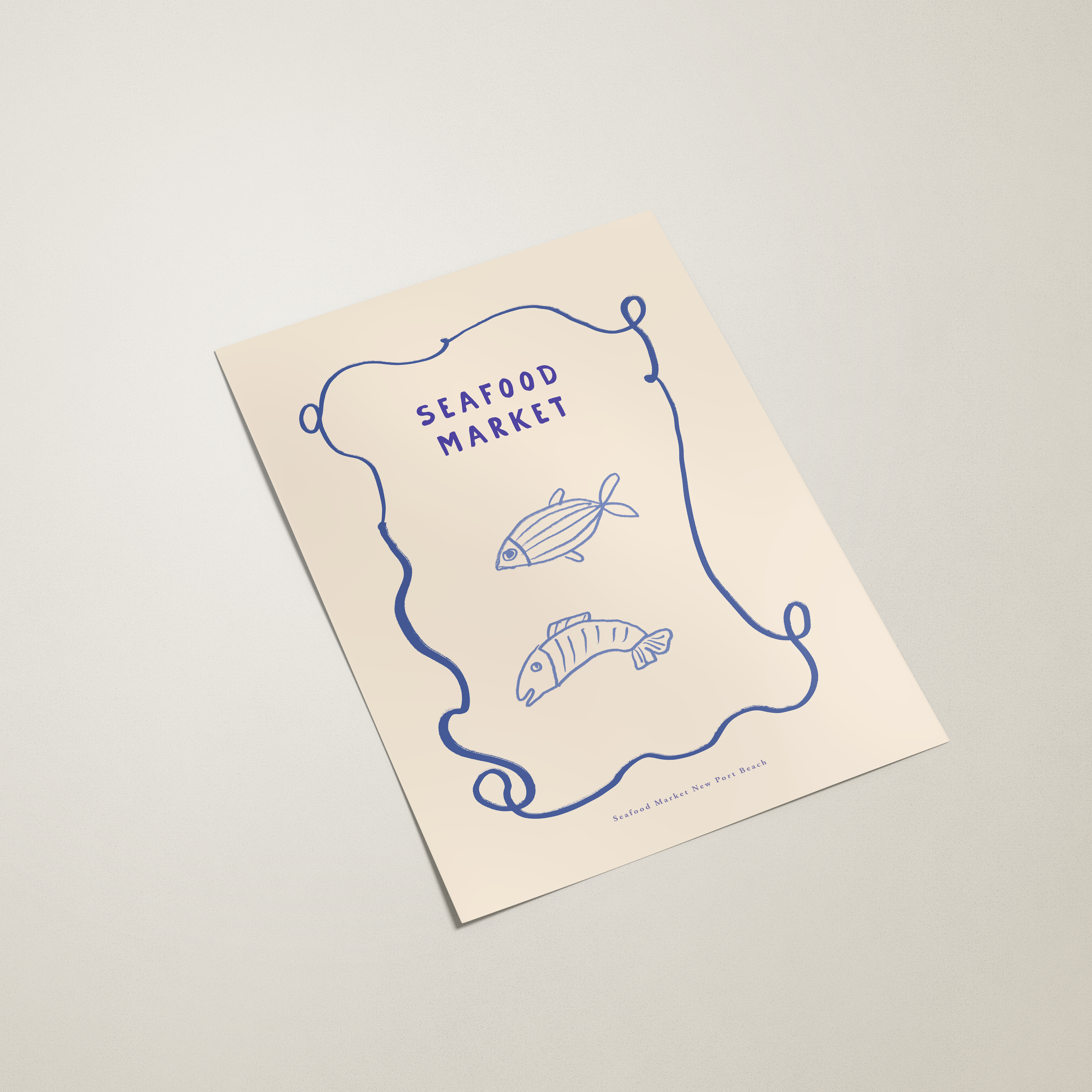 Brochure with 'Seafood Market' text and fish illustrations on a beige background