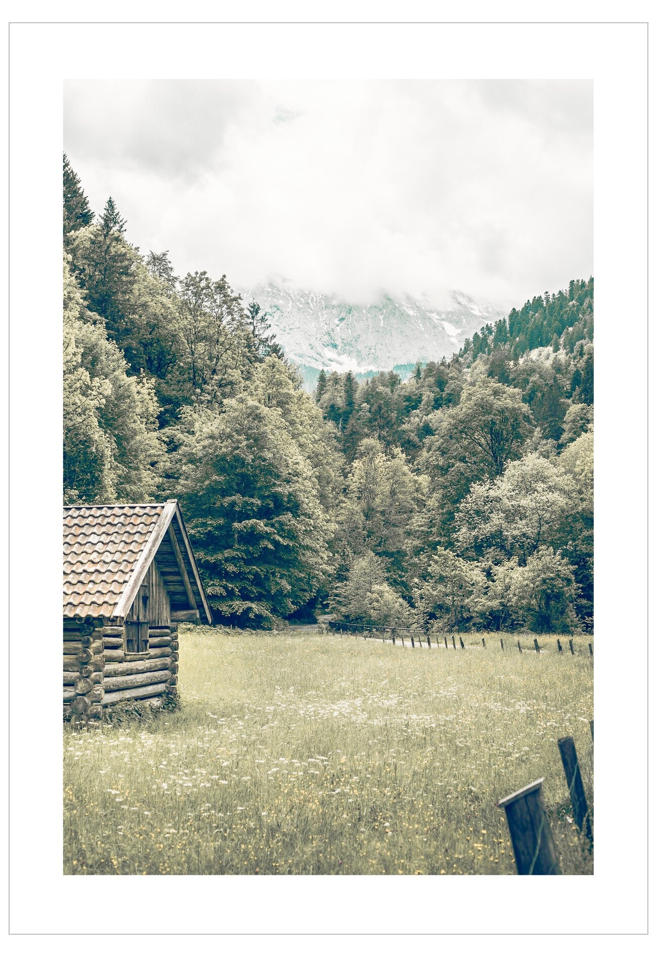 Log cabin in a field with trees and mountains in the background