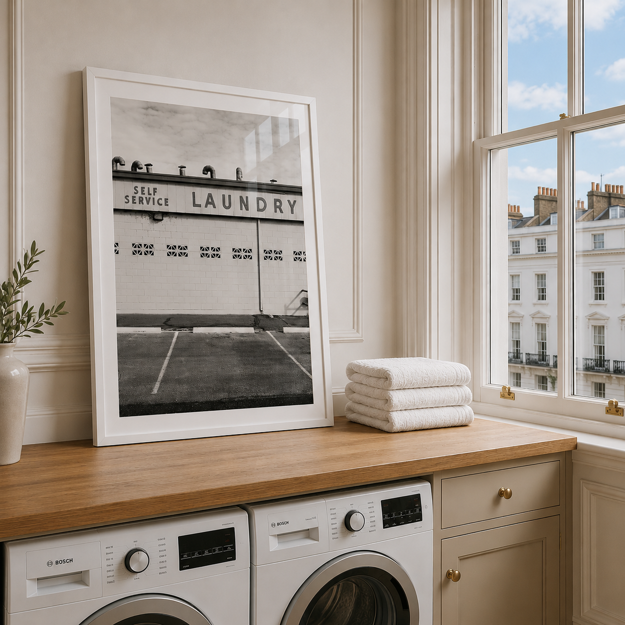 Laundry room with framed picture, towels, and washing machine.