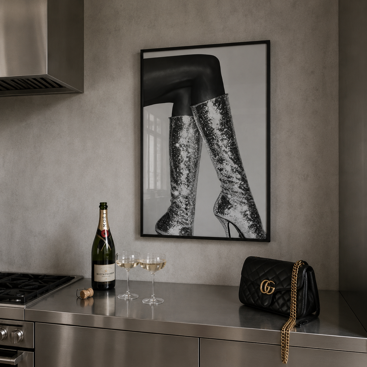 Kitchen counter with champagne, glasses, and a handbag, featuring a framed picture of sequin boots on the wall.