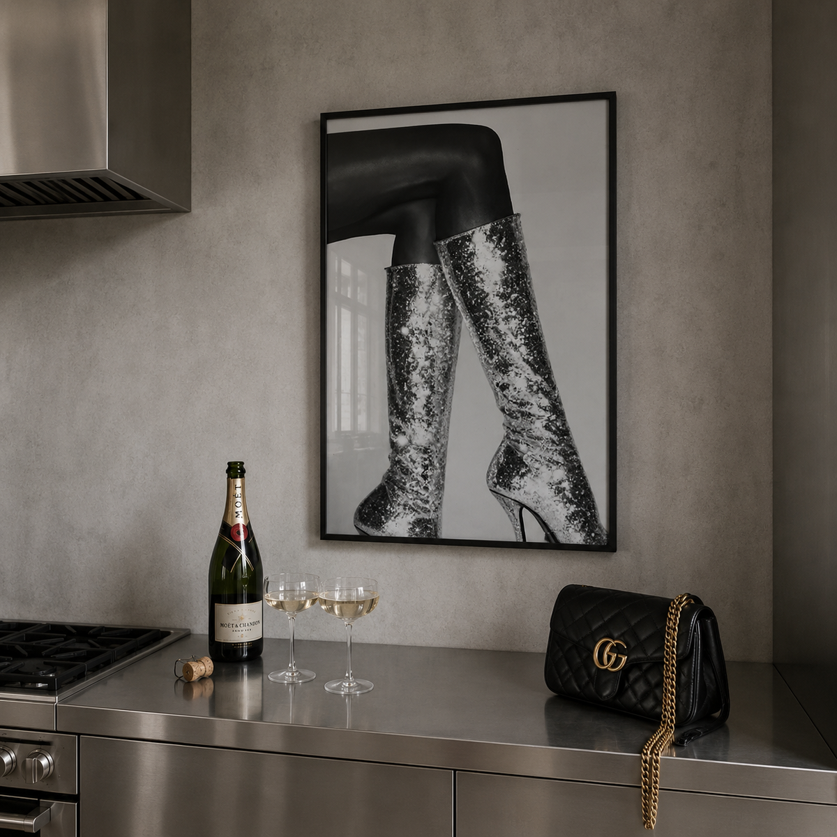 Kitchen counter with champagne, glasses, and a handbag, featuring a framed picture of sequin boots on the wall.