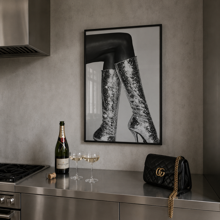Kitchen counter with champagne, glasses, and a handbag, featuring a framed picture of sequin boots on the wall.