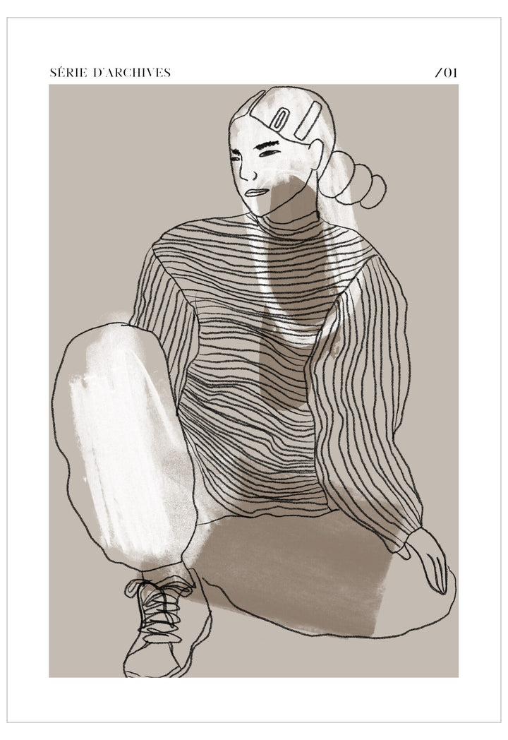Artistic line drawing of a person sitting with a neutral background