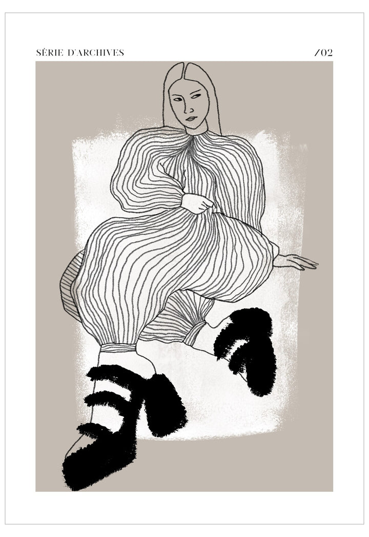Black and white line art of a person in a flowing dress with large shoes on a beige background.