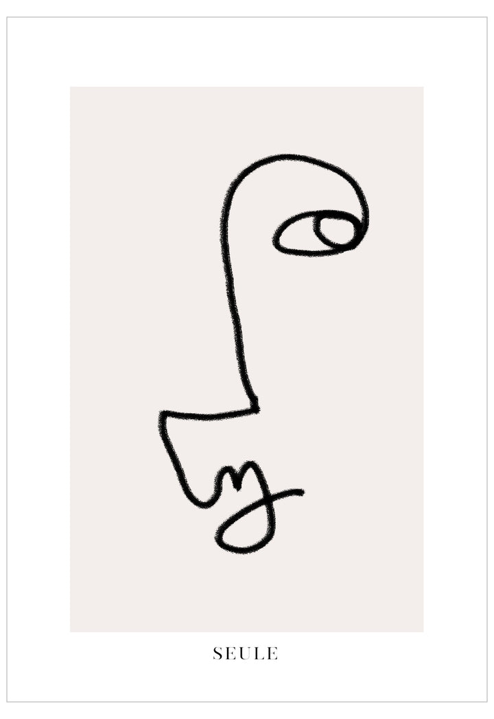 Abstract black line drawing on a white background with 'SEULE' text at the bottom.