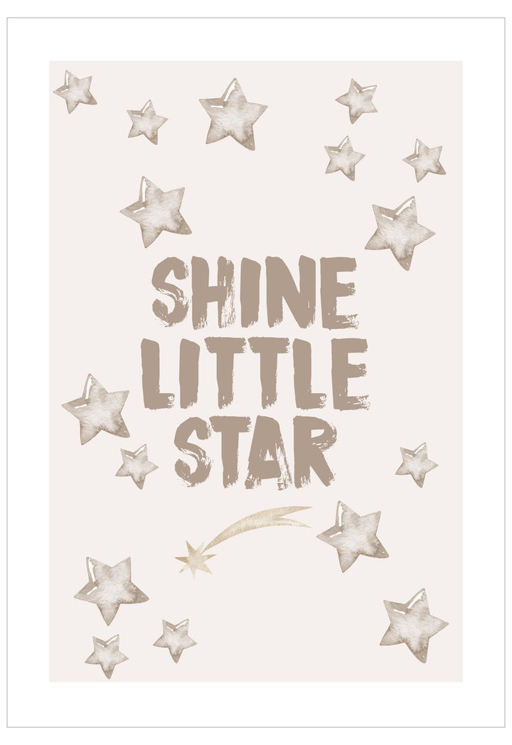 Card with 'Shine Little Star' text and star illustrations on a light background