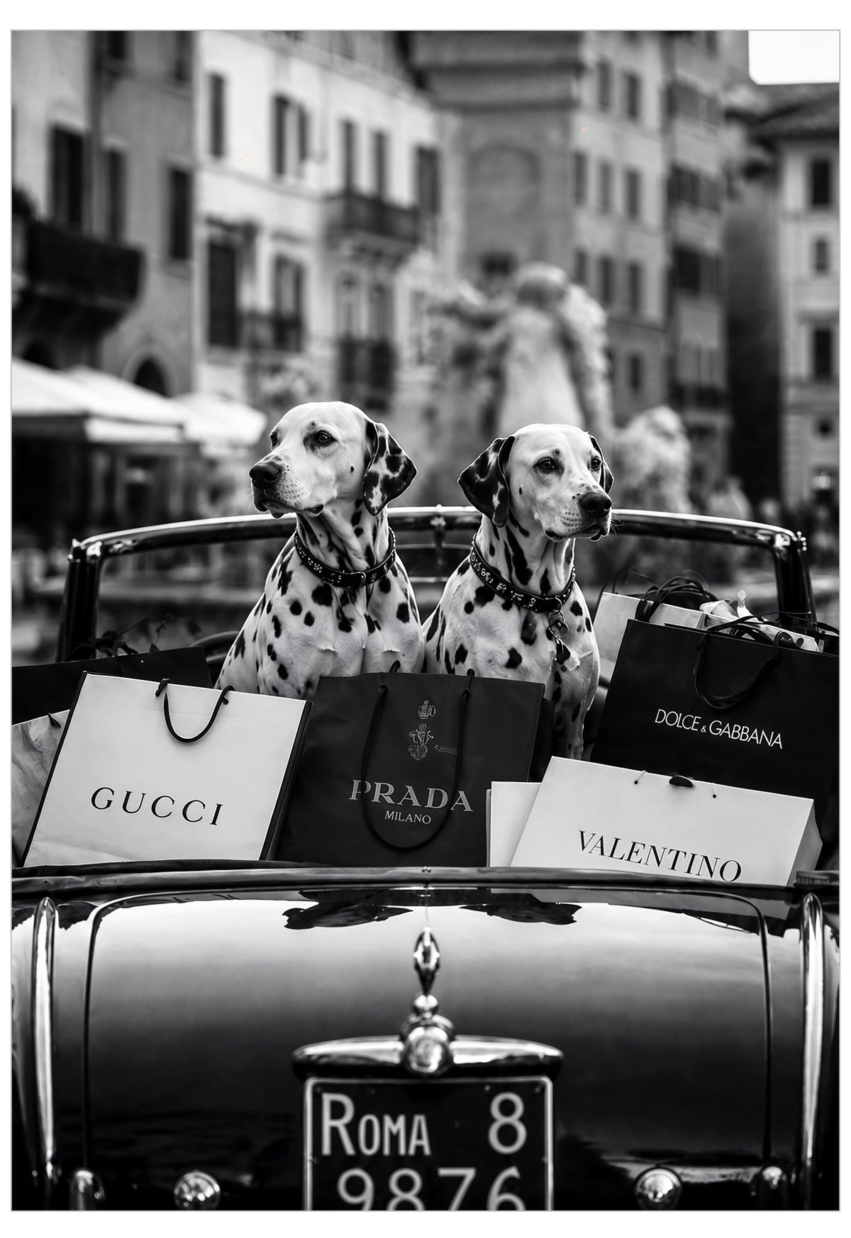 Black and white street photograph of two Dalmatian dogs sitting in the trunk of a vintage car, surrounded by luxury shopping bags from Gucci, Prada, Dolce & Gabbana, and Valentino, with a blurred city street and building facade in the background.