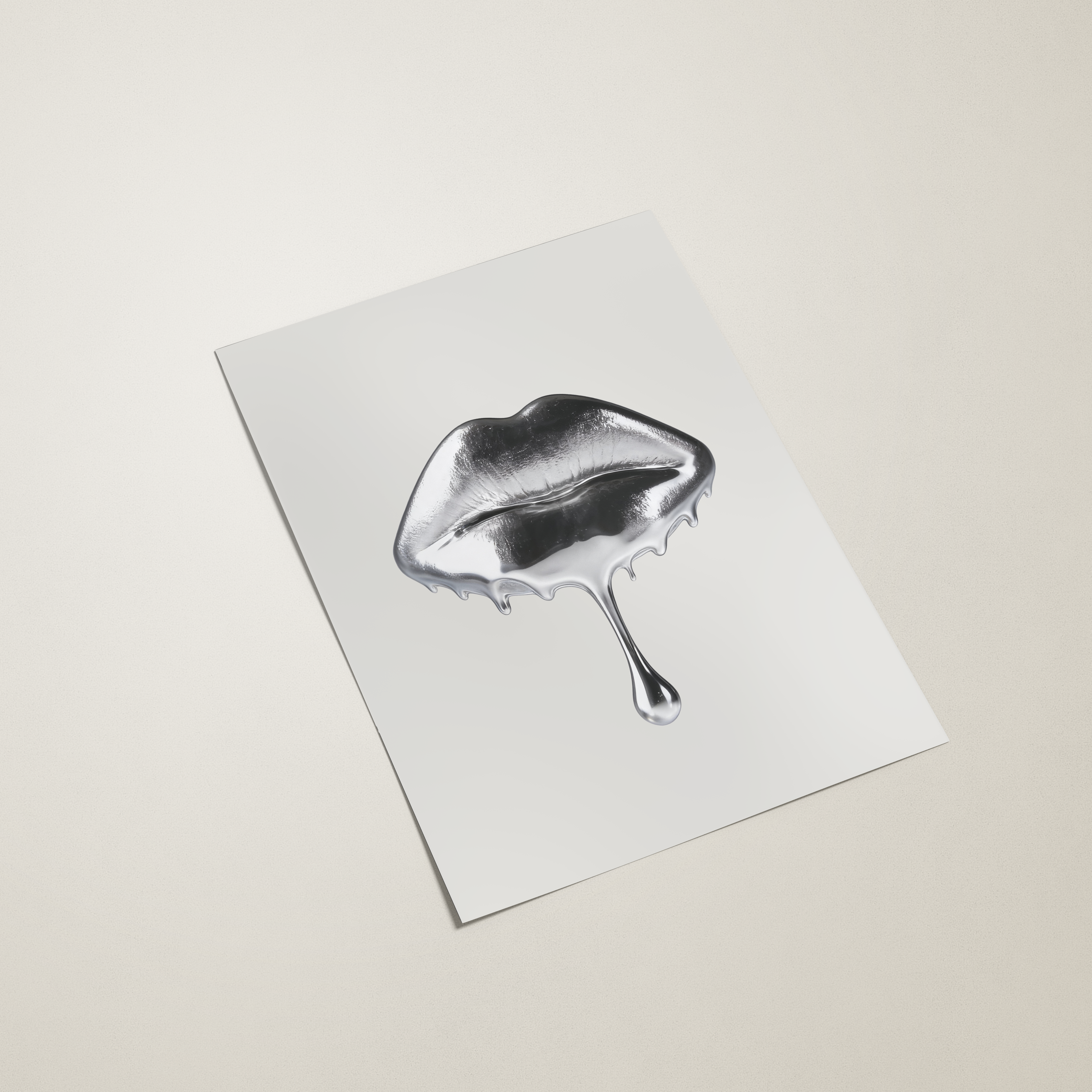 Metallic lip gloss on a white card against a beige background