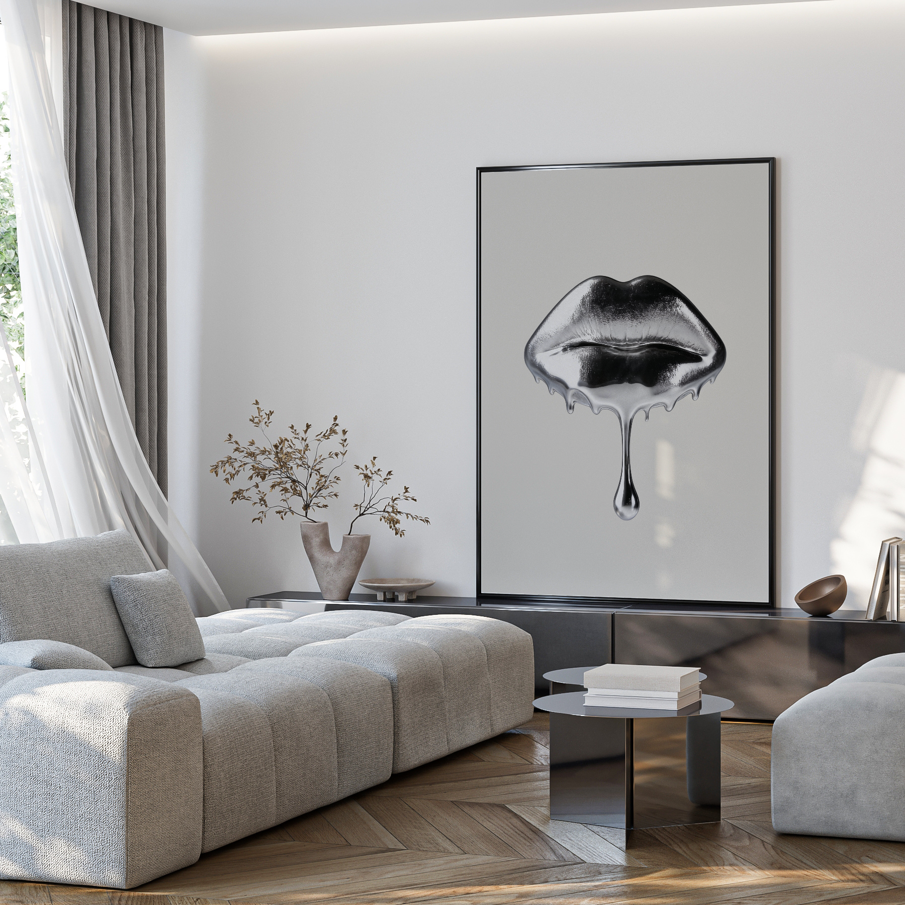 Modern living room with gray sofa, coffee table, and abstract art on the wall.