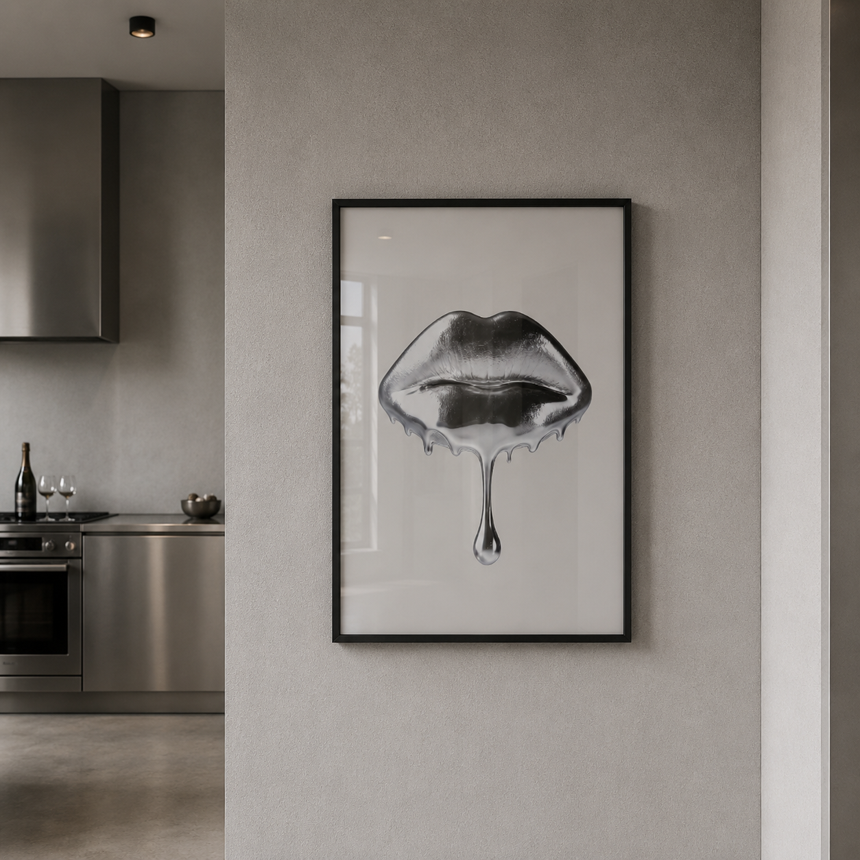Framed artwork of lips on a wall in a modern kitchen.
