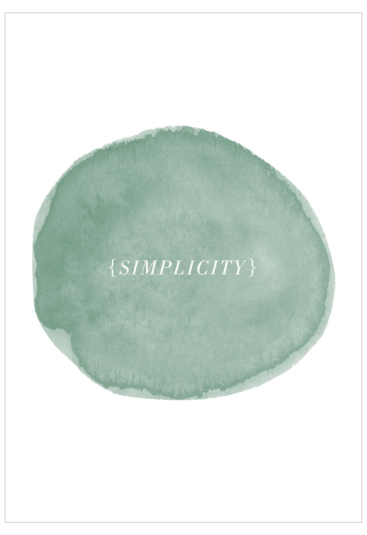 Green watercolor circle with 'Simplicity' text on a white background