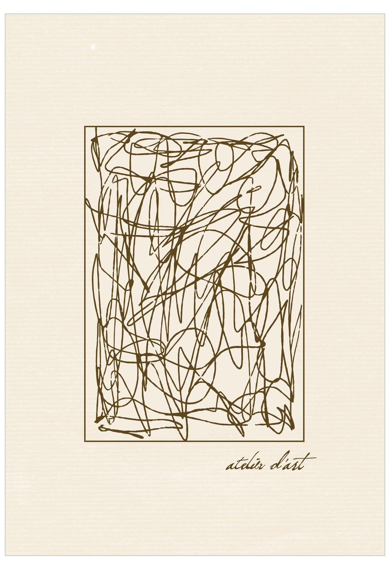 Abstract line art on a beige background with 'atelier d'art' branding.