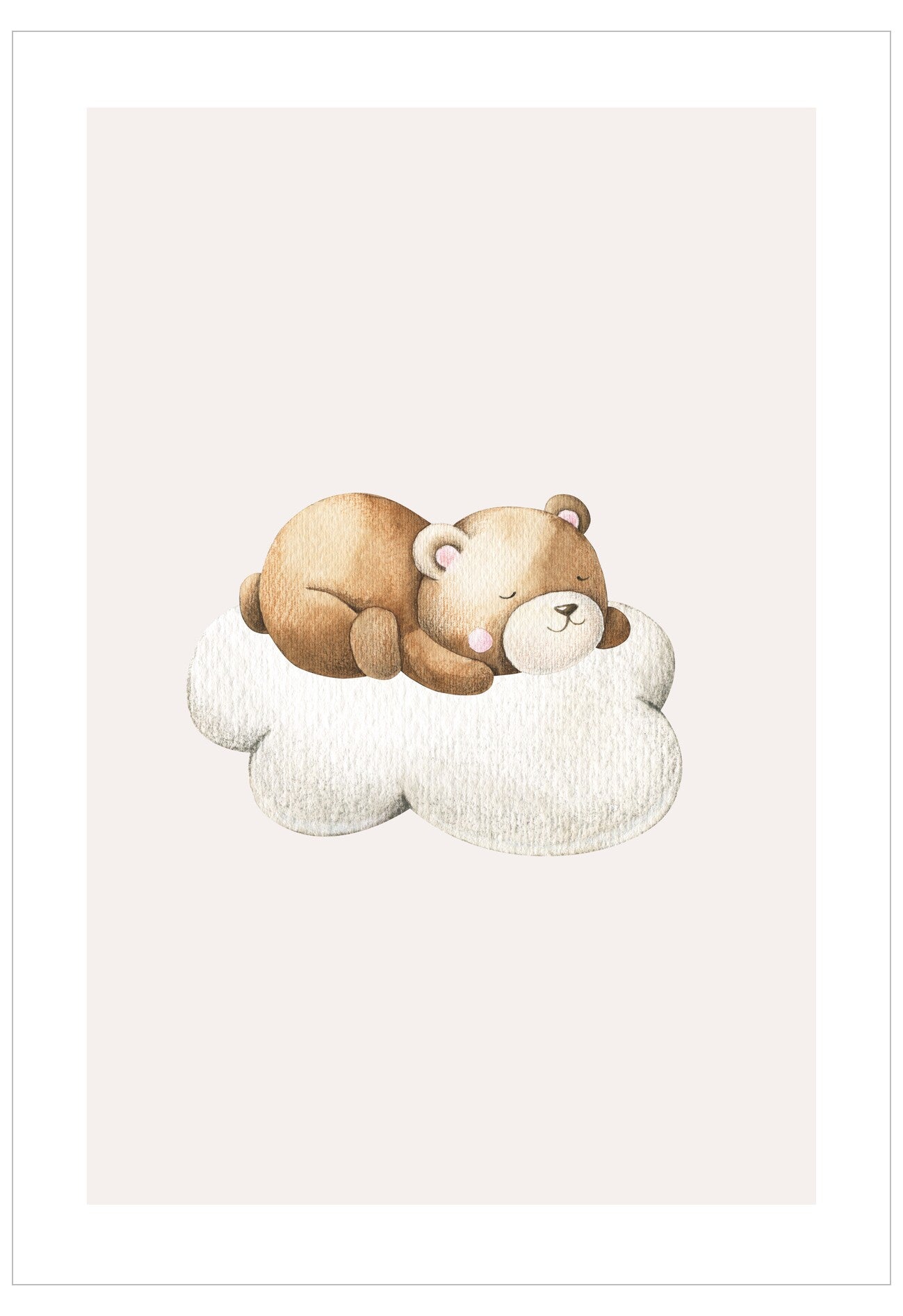Illustration of a bear hugging a cloud on a light beige background