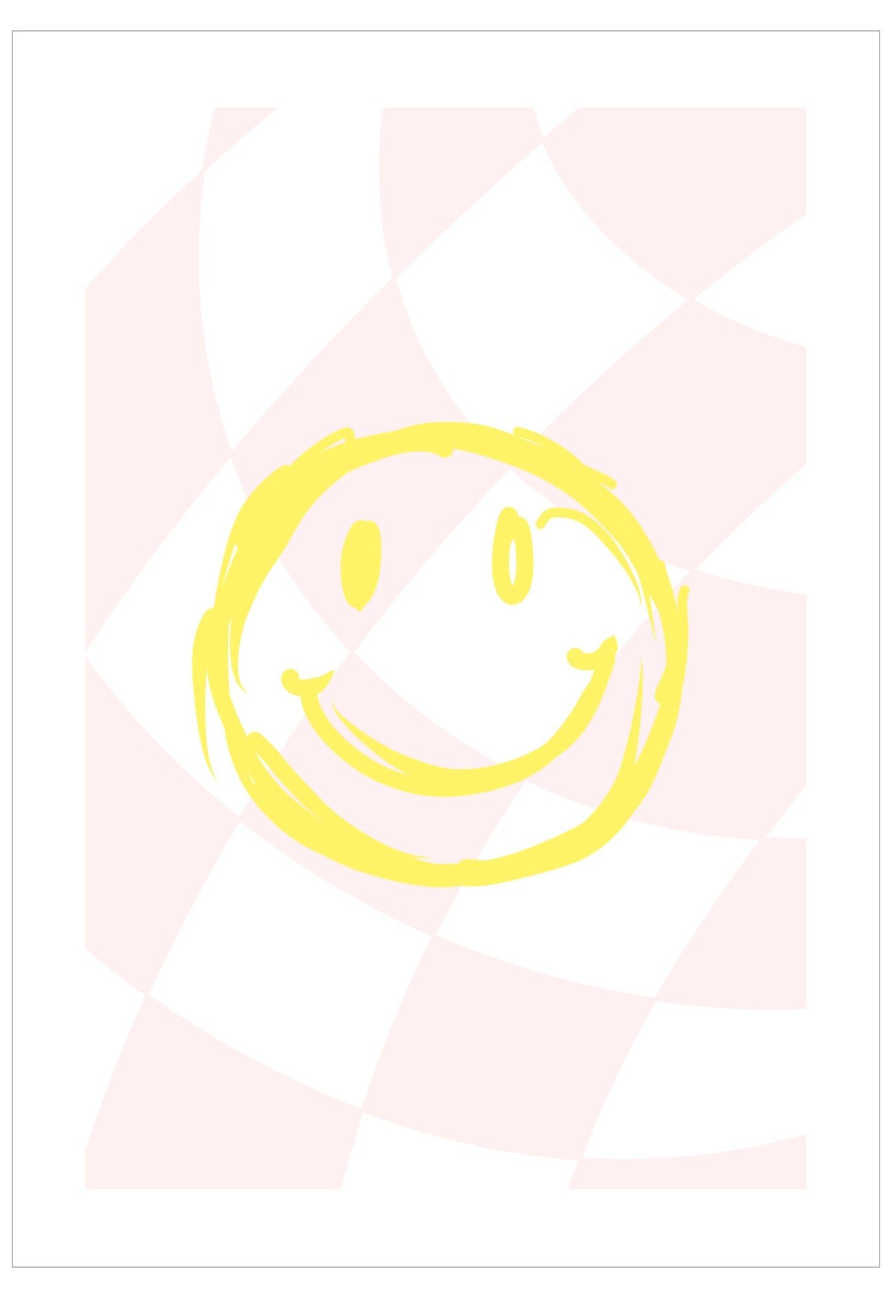 Yellow smiley face on a pink and white checkered background