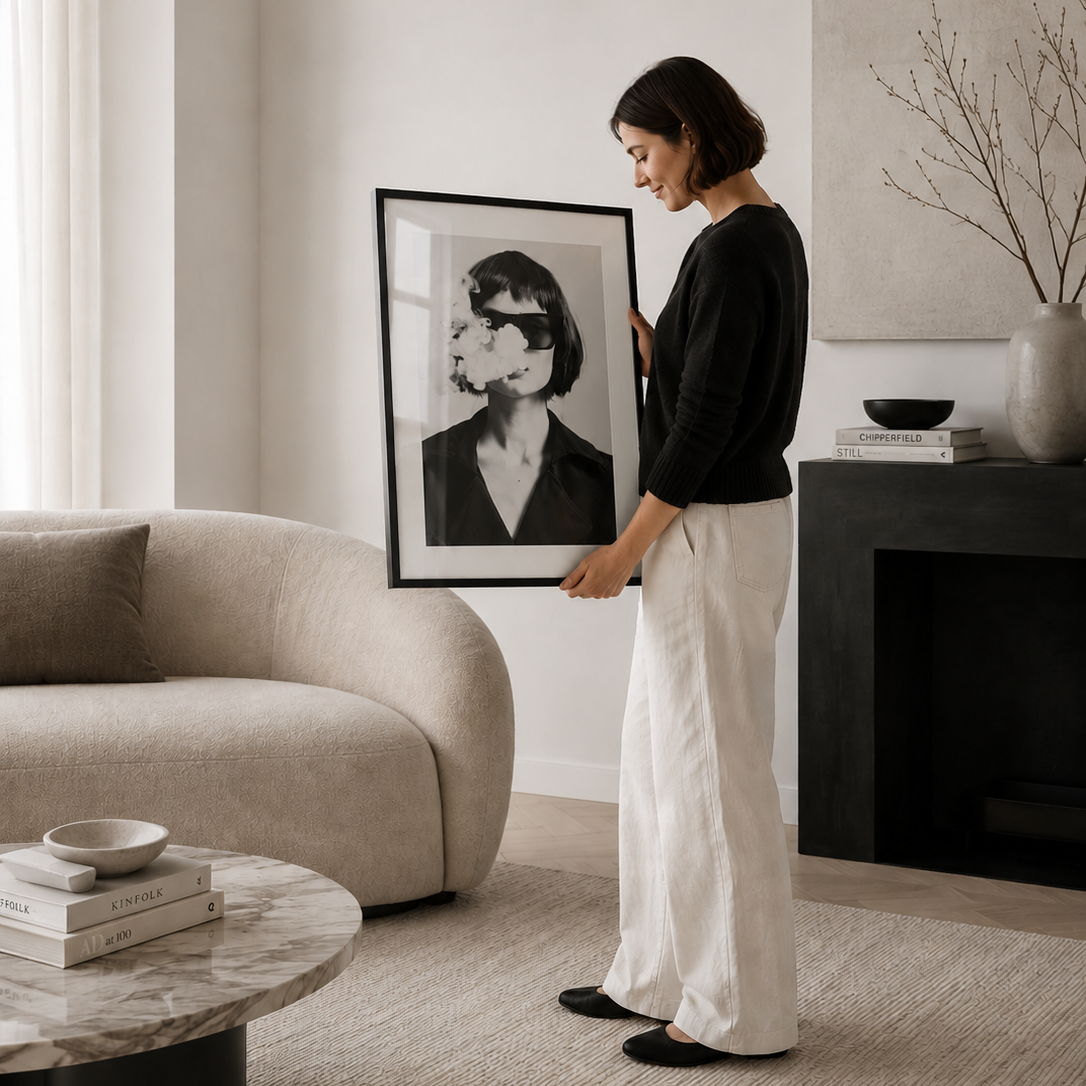 Woman standing in a modern living room holding a framed black and white portrait.
