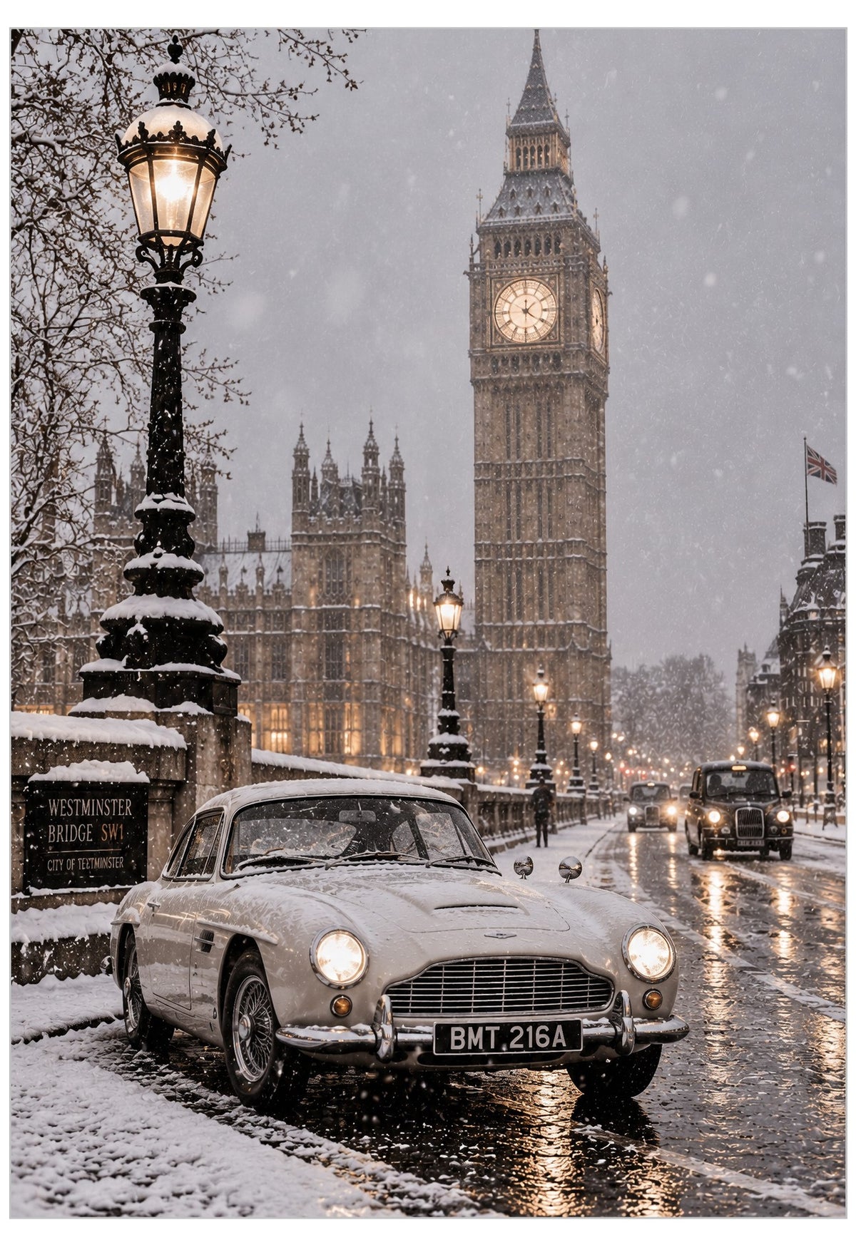 Luxury poster depicts snow falling gracefully over Westminster Bridge with Big Ben standing majestically in the background