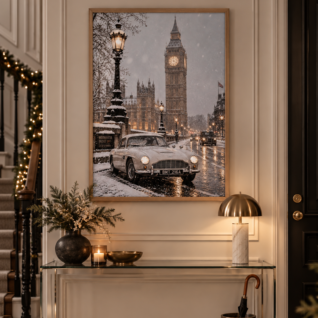 Luxury poster depicts snow falling gracefully over Westminster Bridge with Big Ben standing majestically in the background