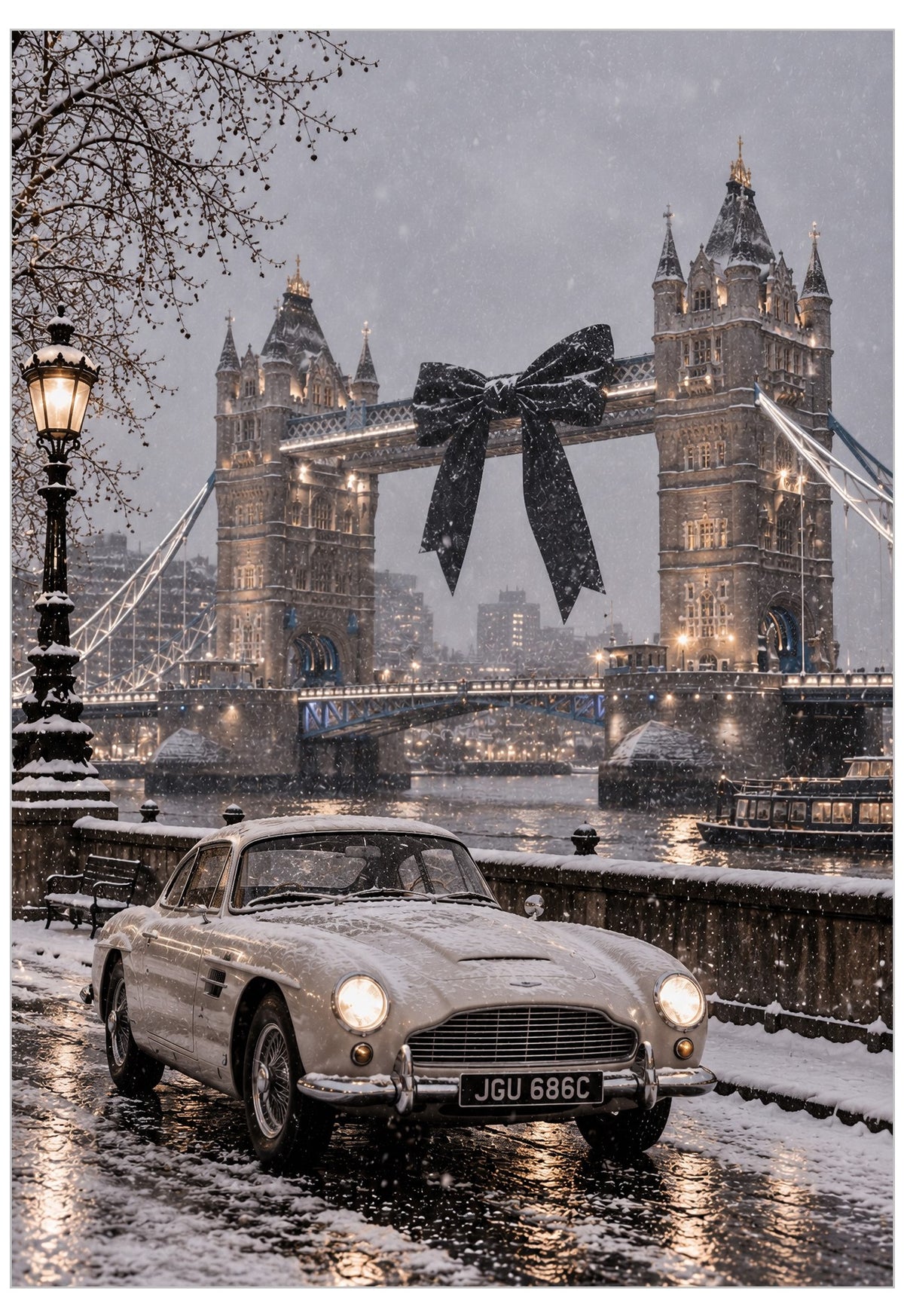 Luxury poster depicts snow falling gracefully over Tower Bridge, accompanied by a classic white vintage sports car against a serene snowy backdrop.