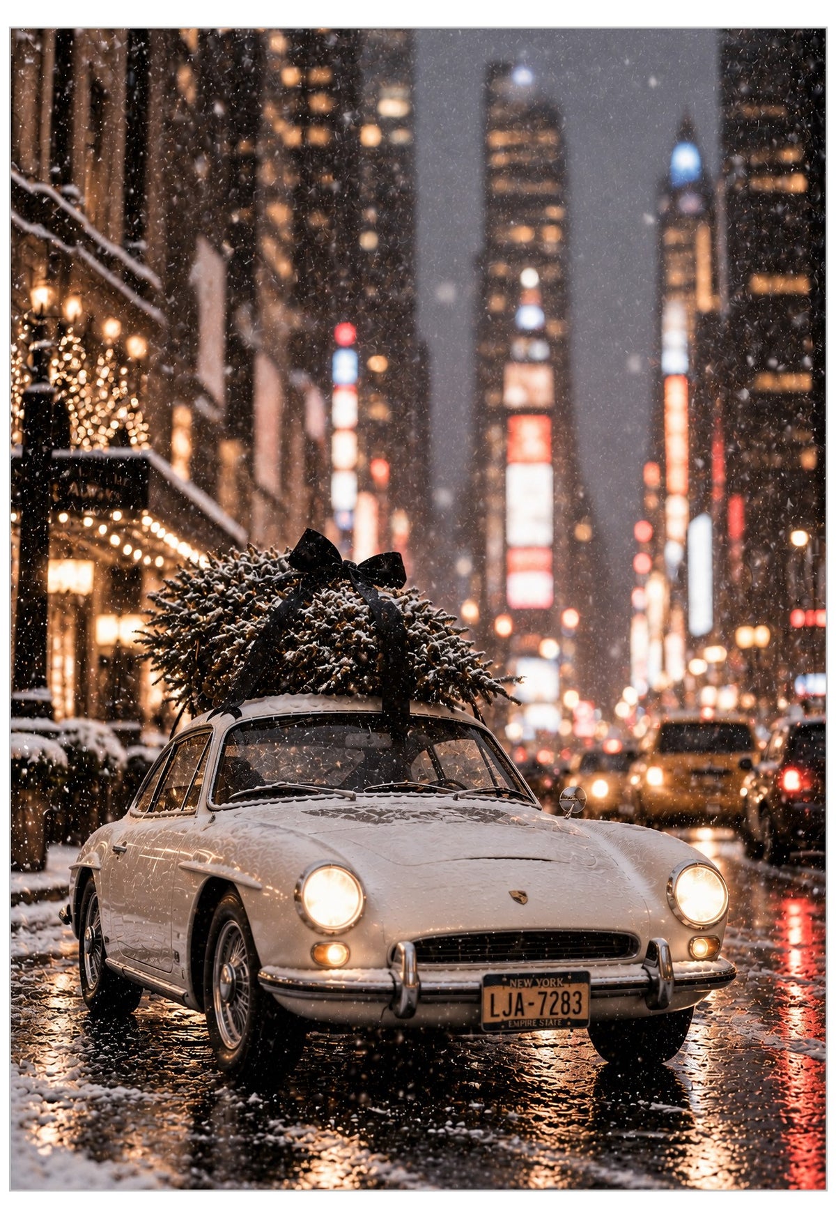 A poster of a pristine white vintage sports car navigates snowy streets with a Christmas tree elegantly secured to its roof with a black ribbon—a playful nod to holiday sophistication.