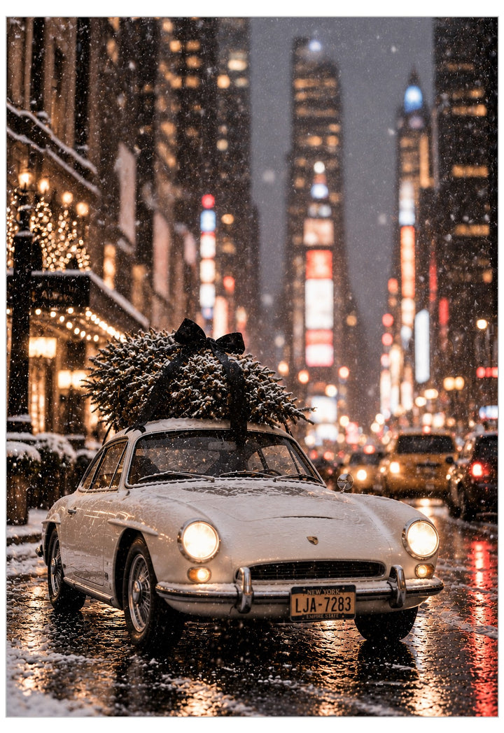 A poster of a pristine white vintage sports car navigates snowy streets with a Christmas tree elegantly secured to its roof with a black ribbon—a playful nod to holiday sophistication.