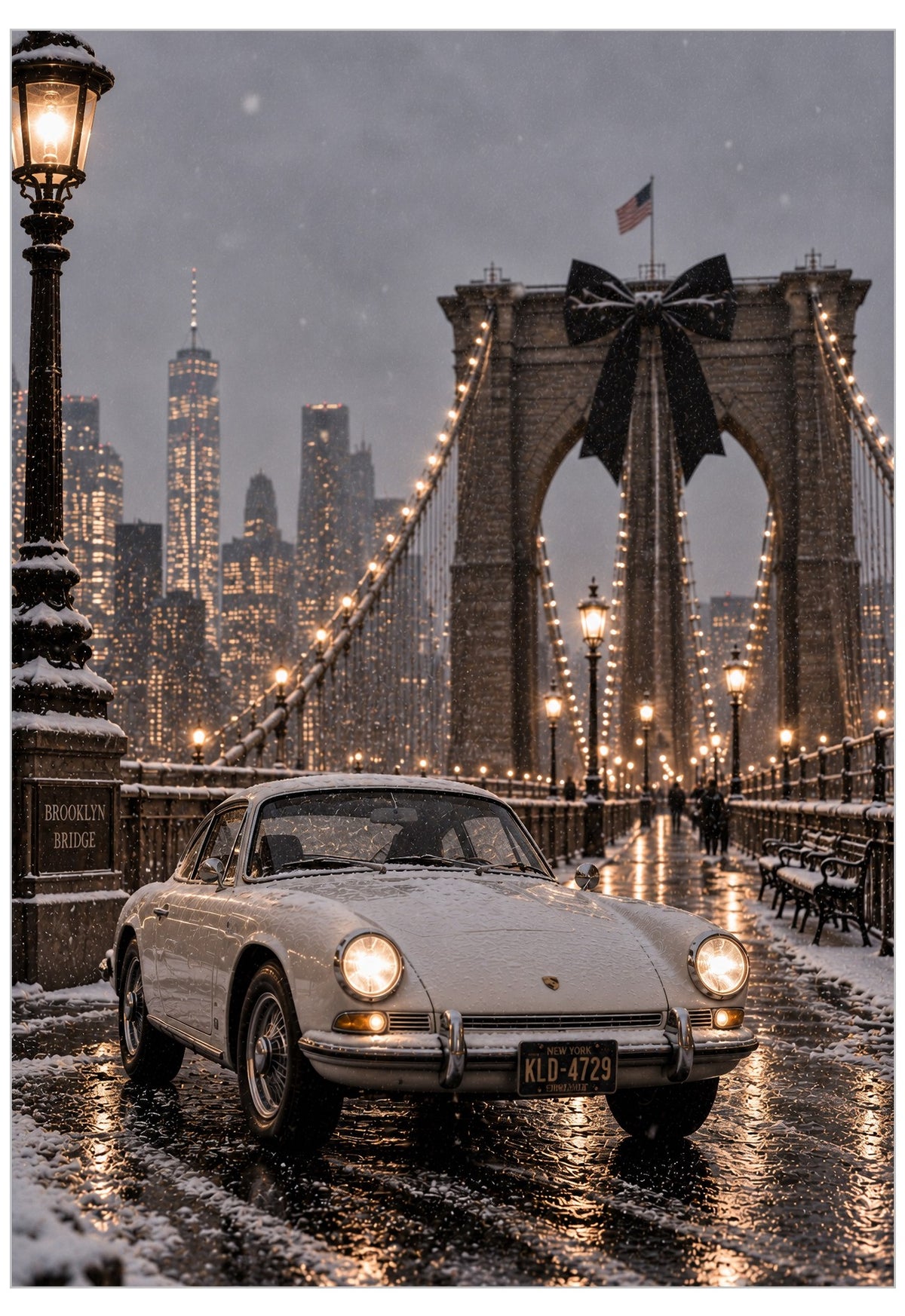 A poster of a luxury winter scene captured in cinematic detail. A pristine white vintage sports car sits parked against the iconic Brooklyn Bridge on a snowy night.