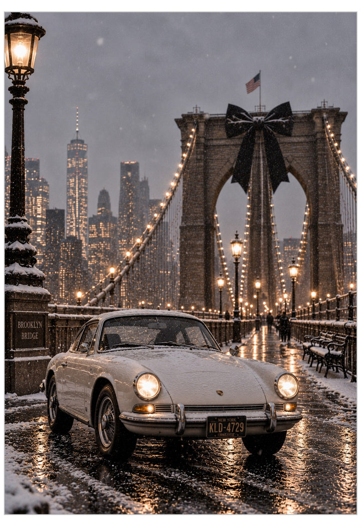 A poster of a luxury winter scene captured in cinematic detail. A pristine white vintage sports car sits parked against the iconic Brooklyn Bridge on a snowy night.