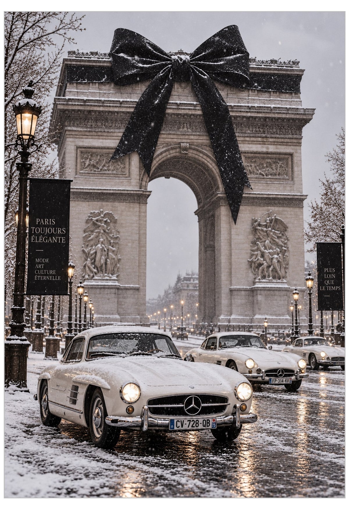 Poster of Vintage white Aston Martin DB5 parked beside London’s Tower Bridge in the snow, featuring a large black bow, festive lights and luxury winter photography.