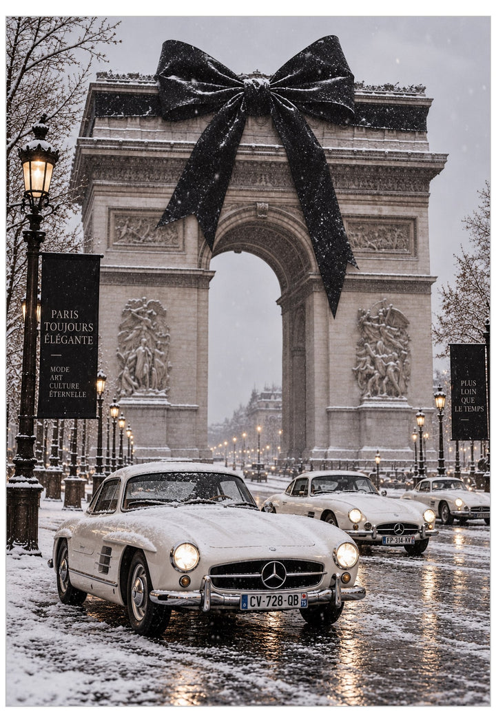 Poster of Vintage white Aston Martin DB5 parked beside London’s Tower Bridge in the snow, featuring a large black bow, festive lights and luxury winter photography.