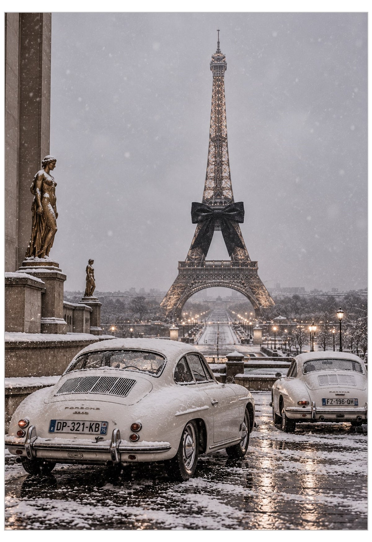 Luxury poster captures the Eiffel Tower from the Trocadero, adorned in a festive bow, surrounded by classic white vintage sports cars.