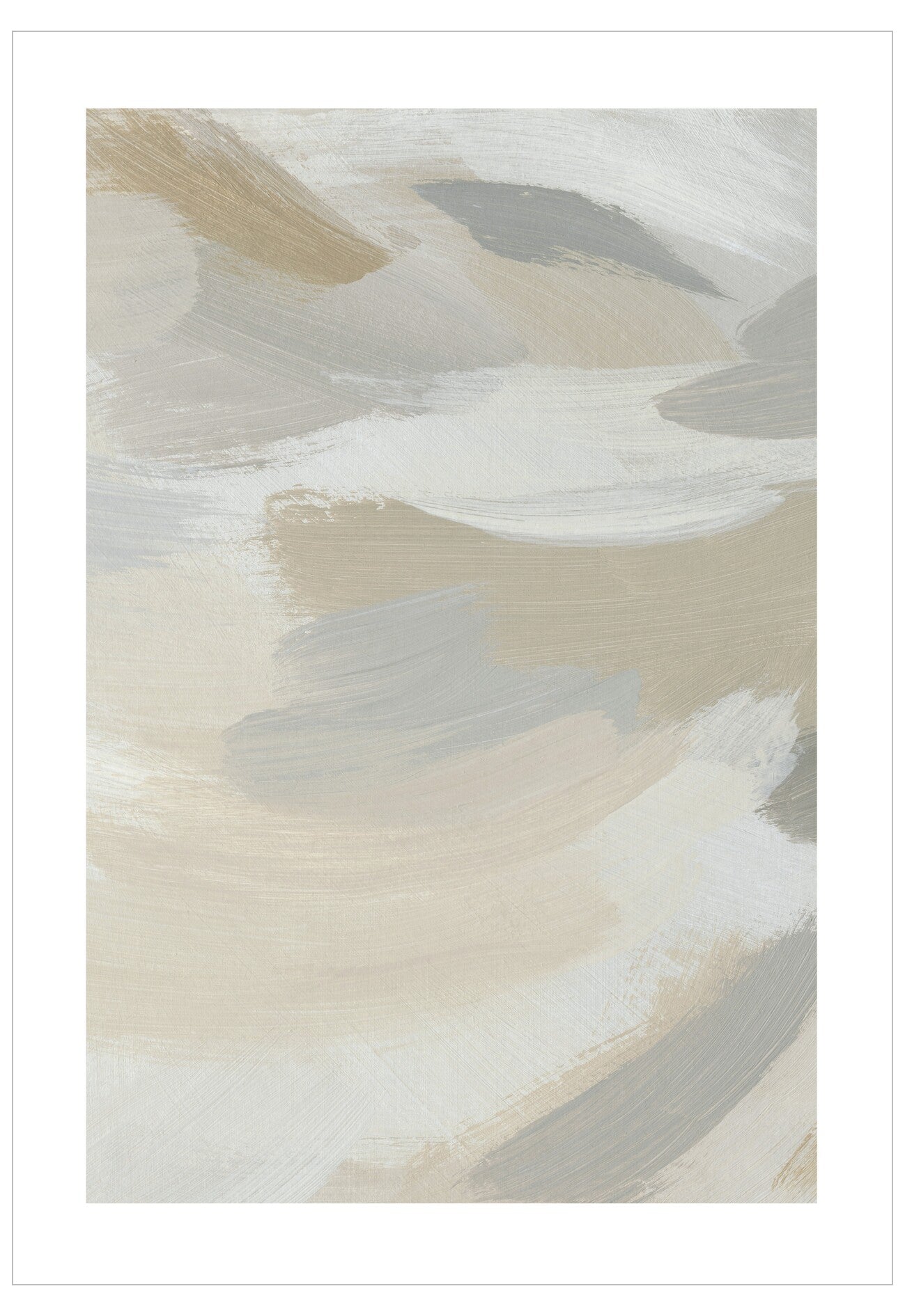 Abstract art print with beige, gray, and white brush strokes on a white background