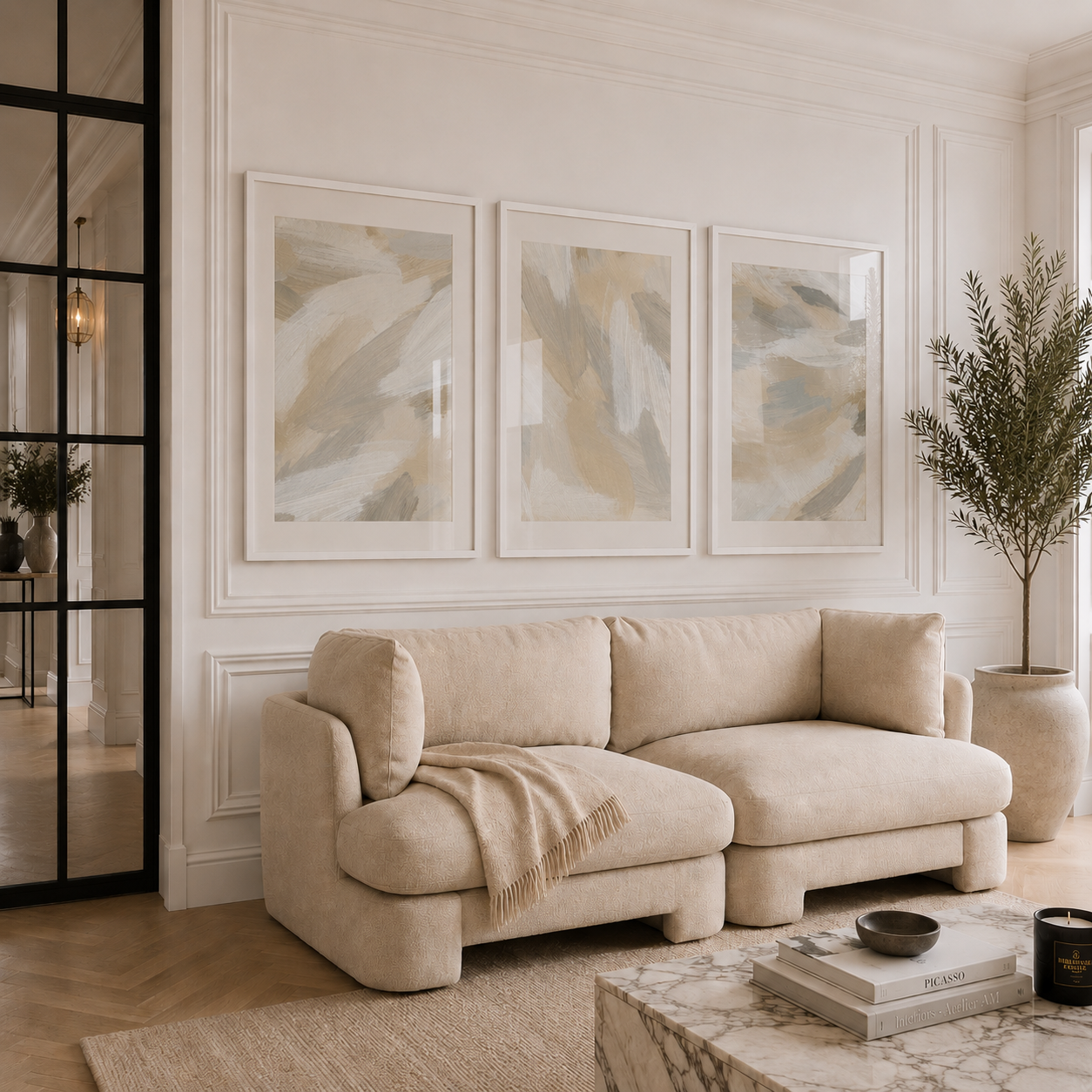 Beige sectional sofa in a living room with abstract art and decor.