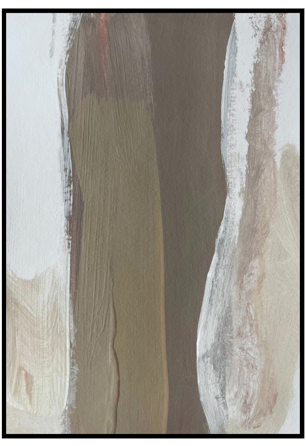 Abstract art with wavy lines in brown, beige, and white.