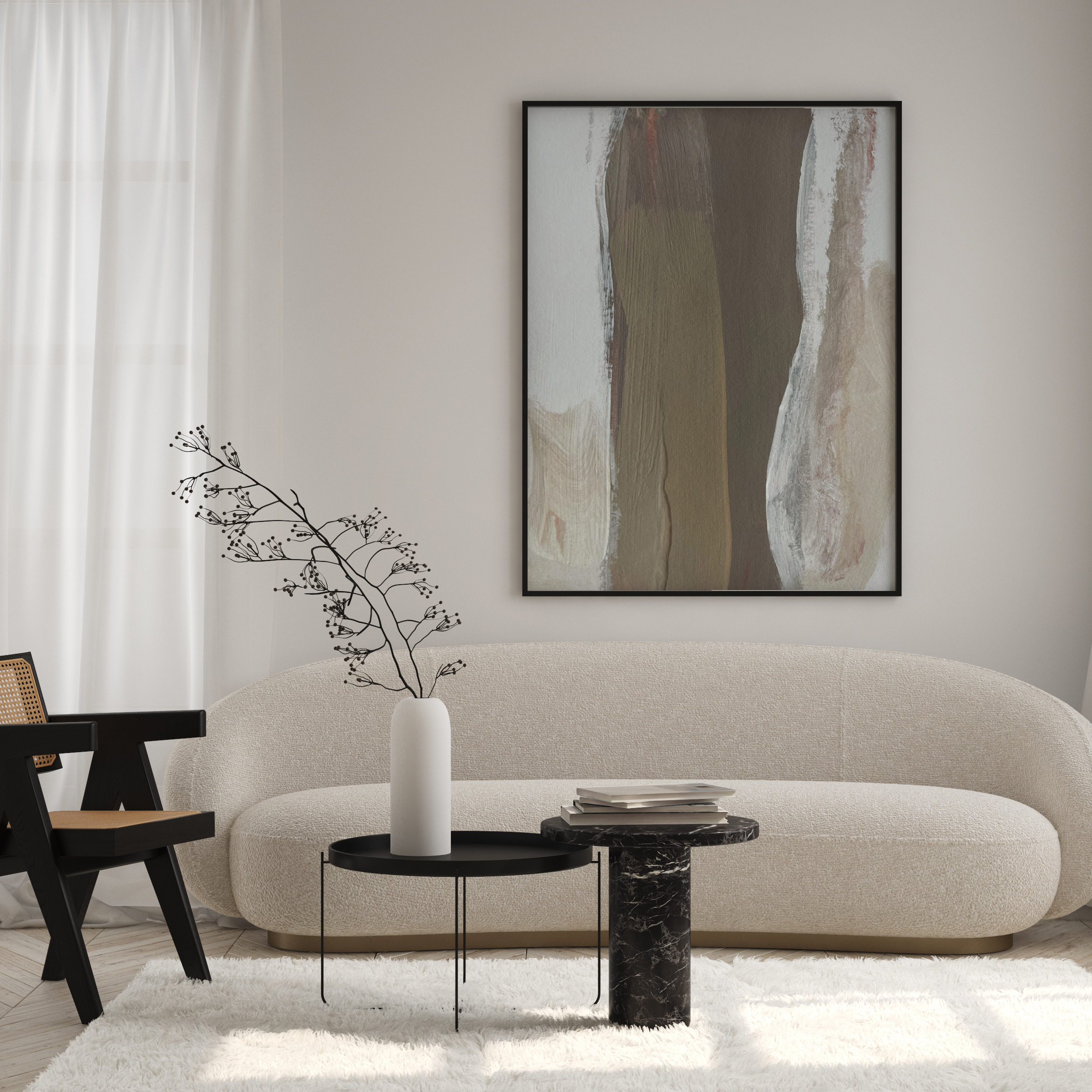 Modern living room with a beige sofa, black chairs, and abstract art on the wall.