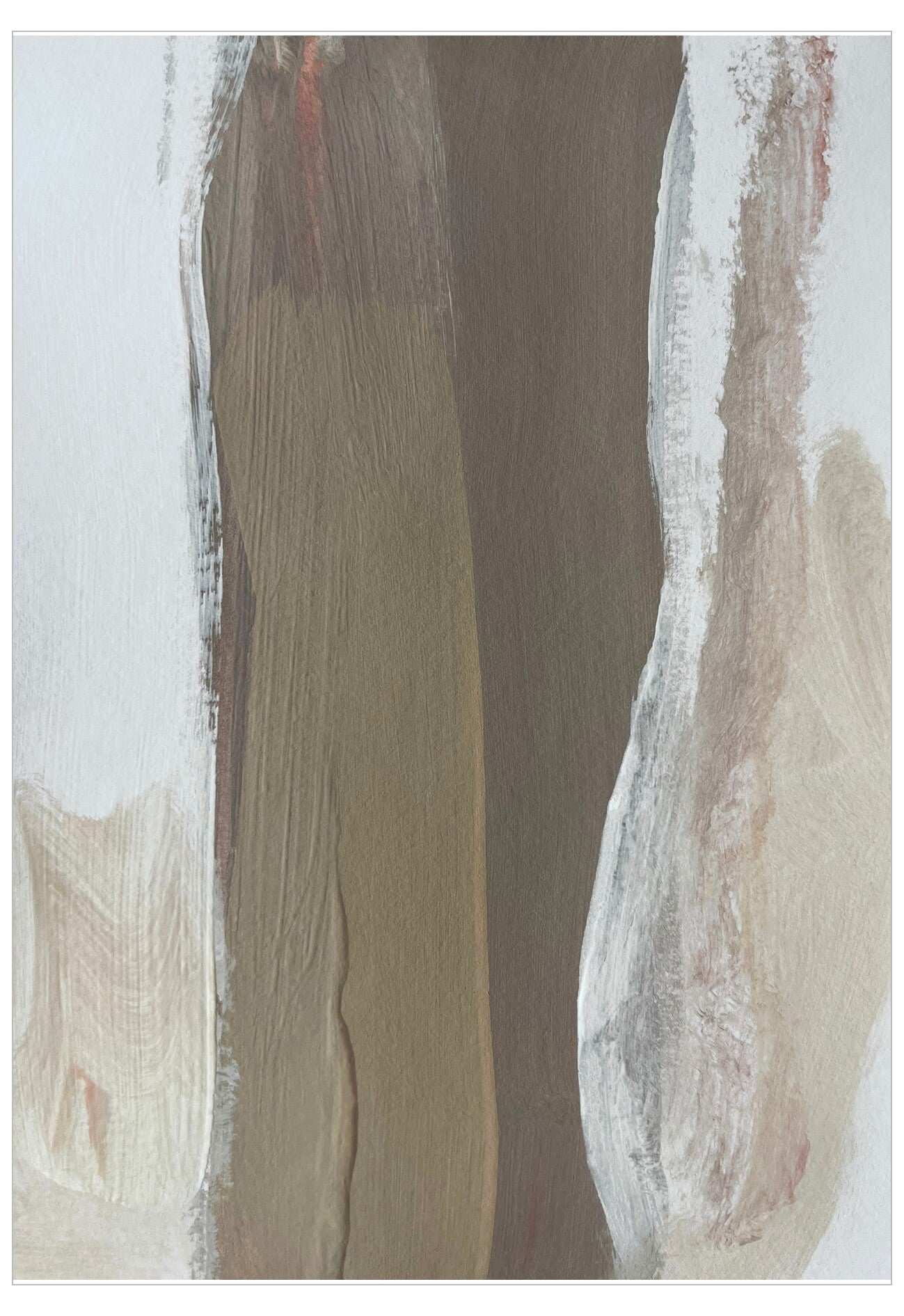 Abstract art with horizontal brush strokes in brown, beige, and white.