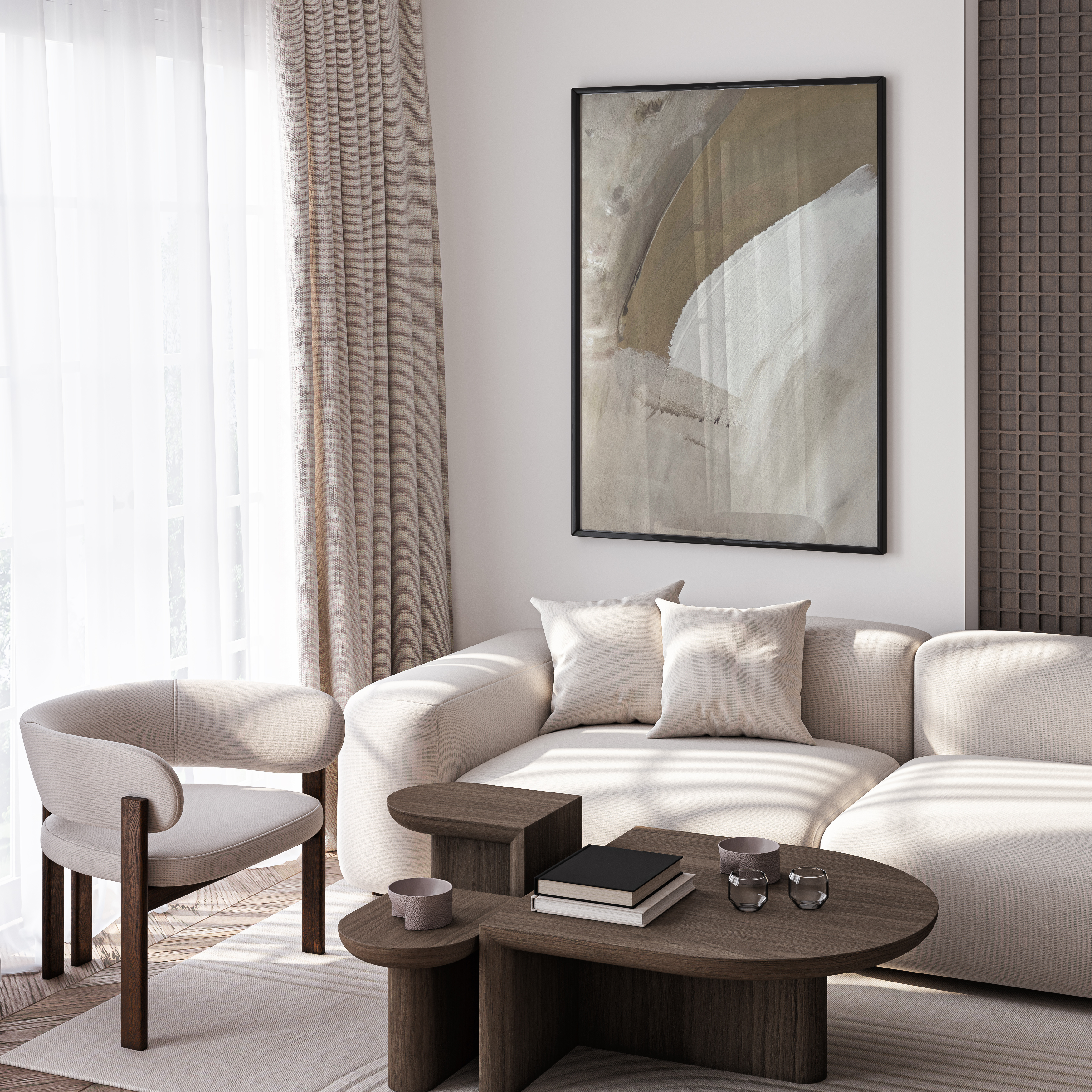 Modern living room with a white sofa, wooden coffee table, and abstract art on the wall.
