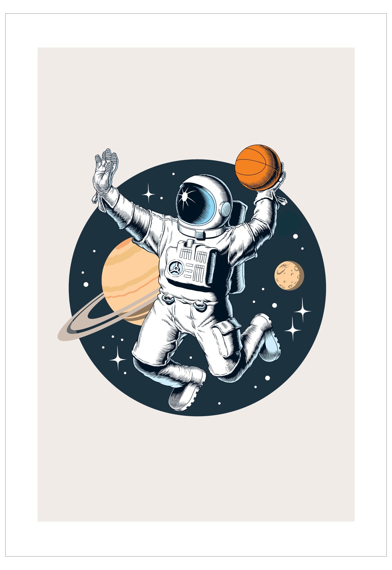 Illustration of an astronaut in space with planets and a basketball.