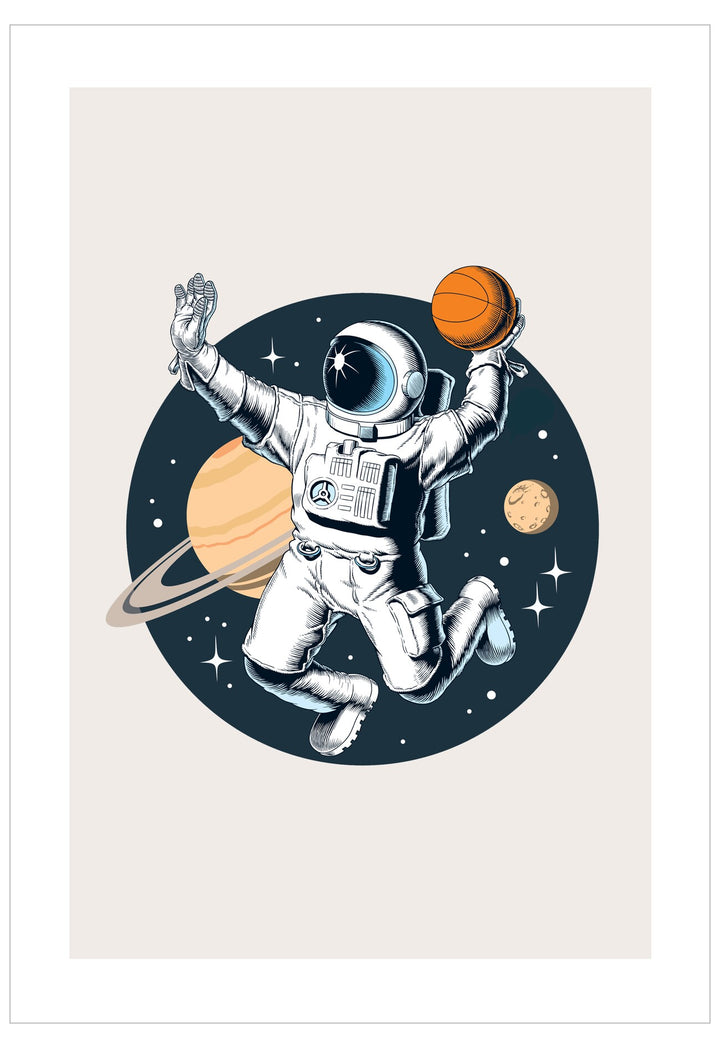 Illustration of an astronaut in space with planets and a basketball.