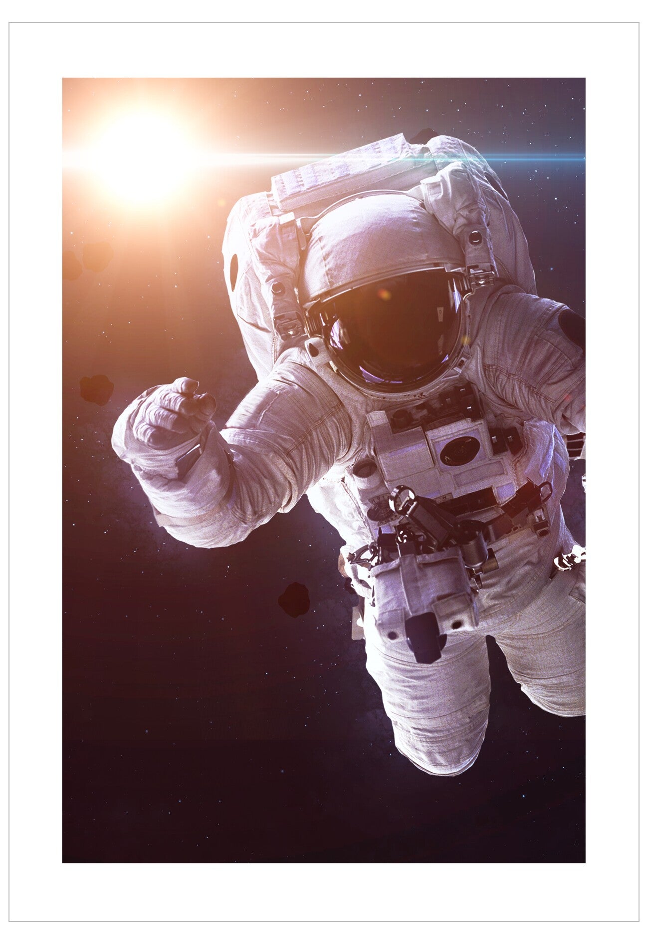Astronaut in space with a bright light source in the background