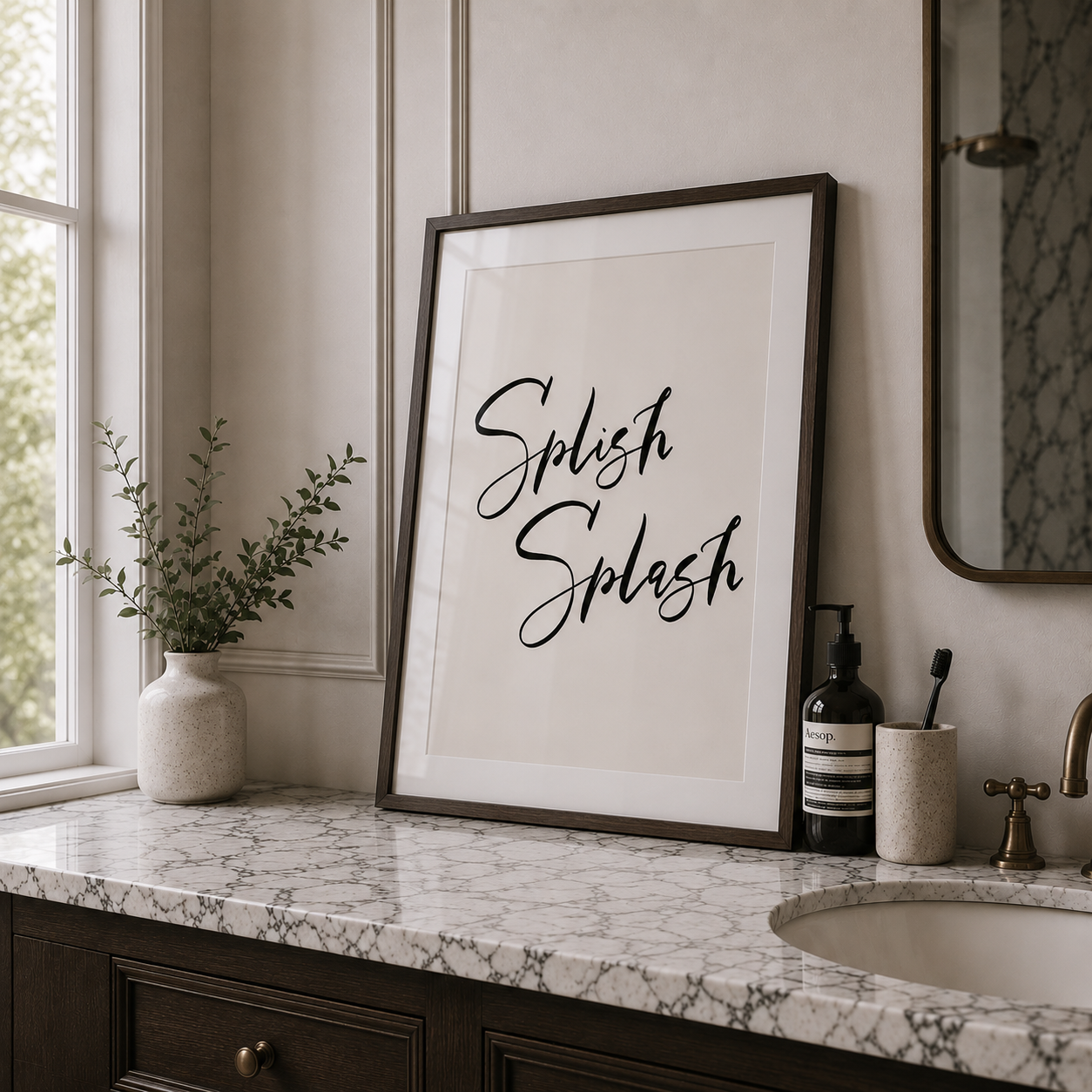 Bathroom counter with 'Splish Splash' framed print, plant, and toiletries.