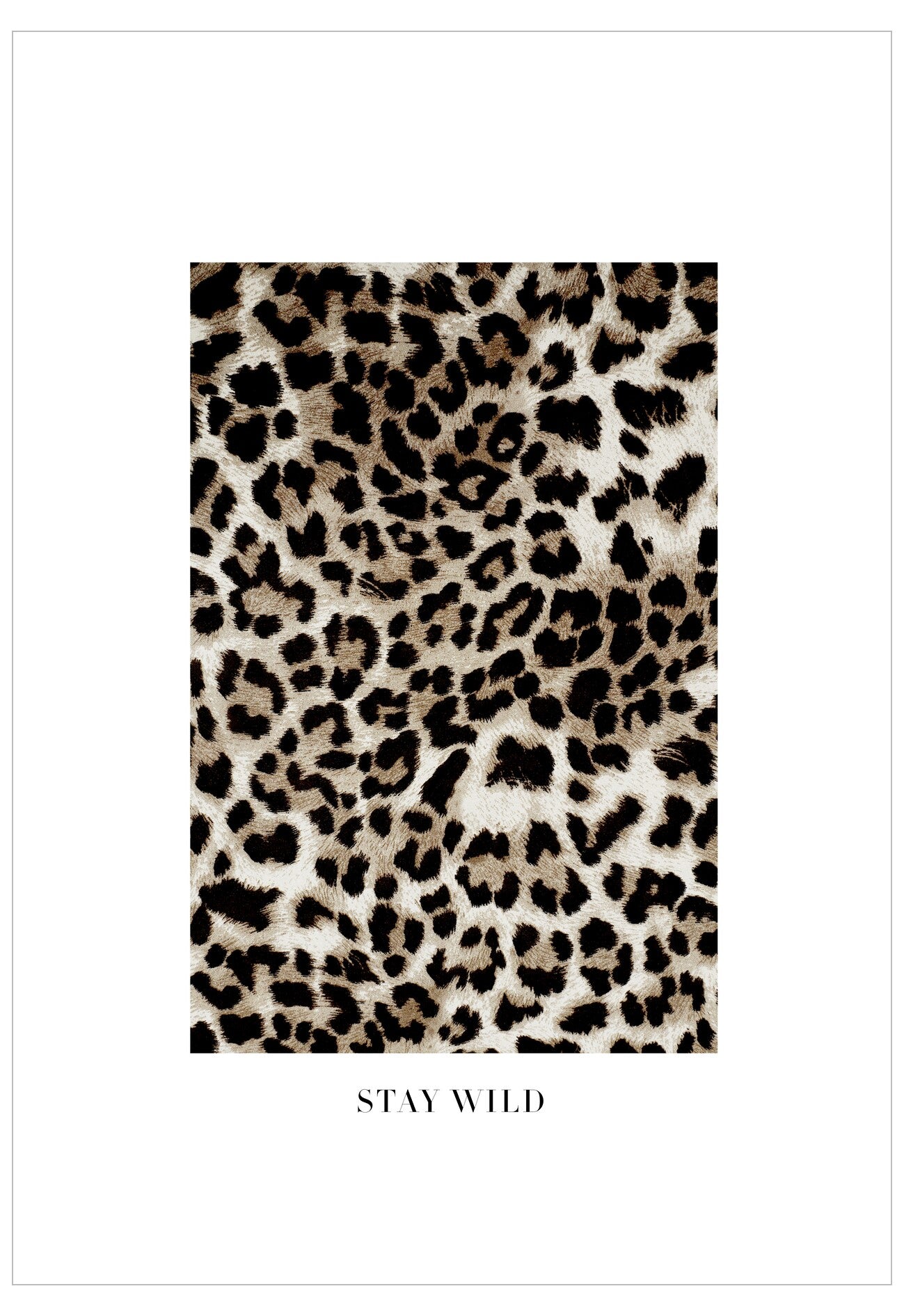 Leopard print pattern with 'Stay Wild' text on a white background