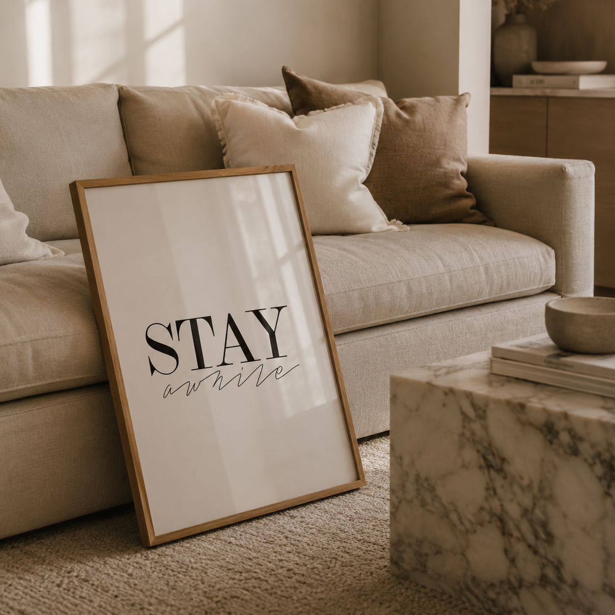 stylish typography wall art in neutral living room