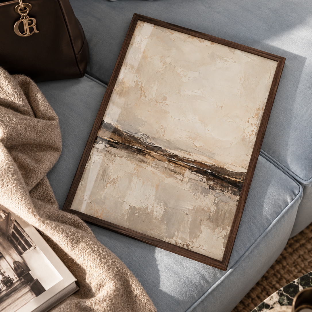 A framed abstract landscape painting with beige, cream, and brown tones, styled on a light blue sofa next to a brown leather handbag and a beige knit throw blanket.