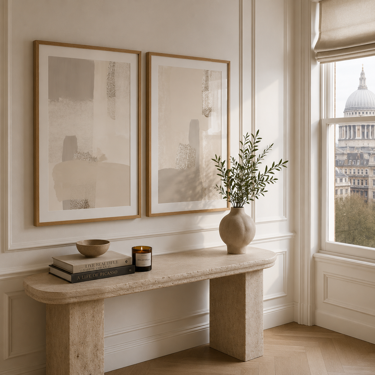 Neatly arranged room with a marble console table, framed art, and a vase with greenery.