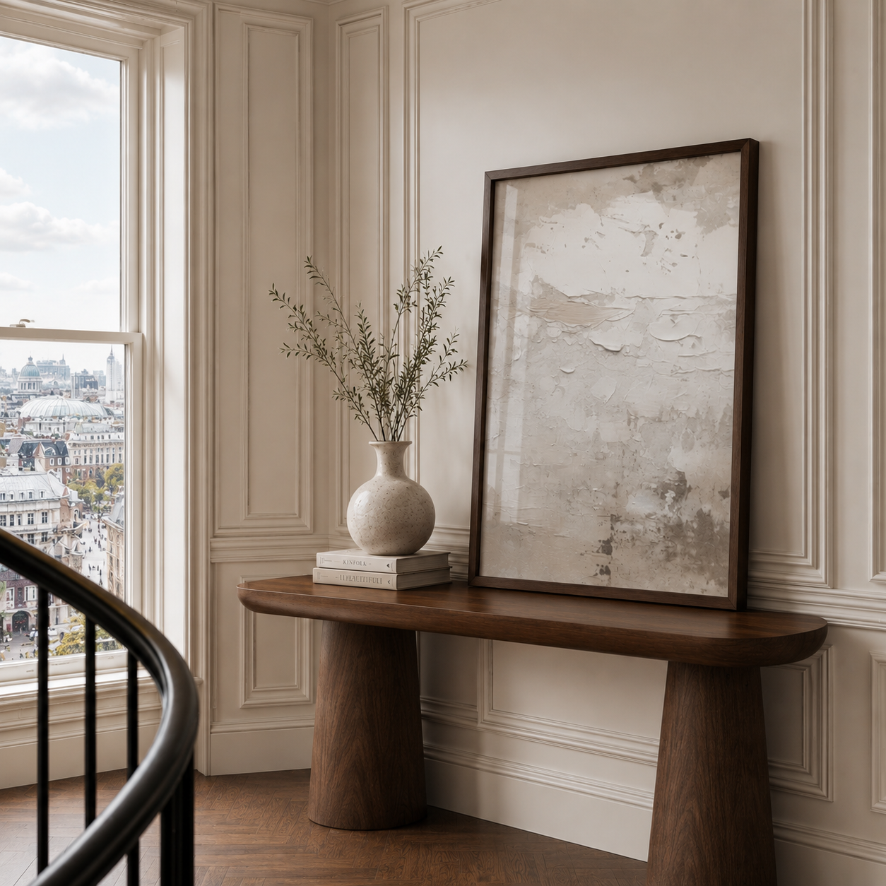 Wooden console table with a vase and books against a wall with framed abstract art, large window showing cityscape.
