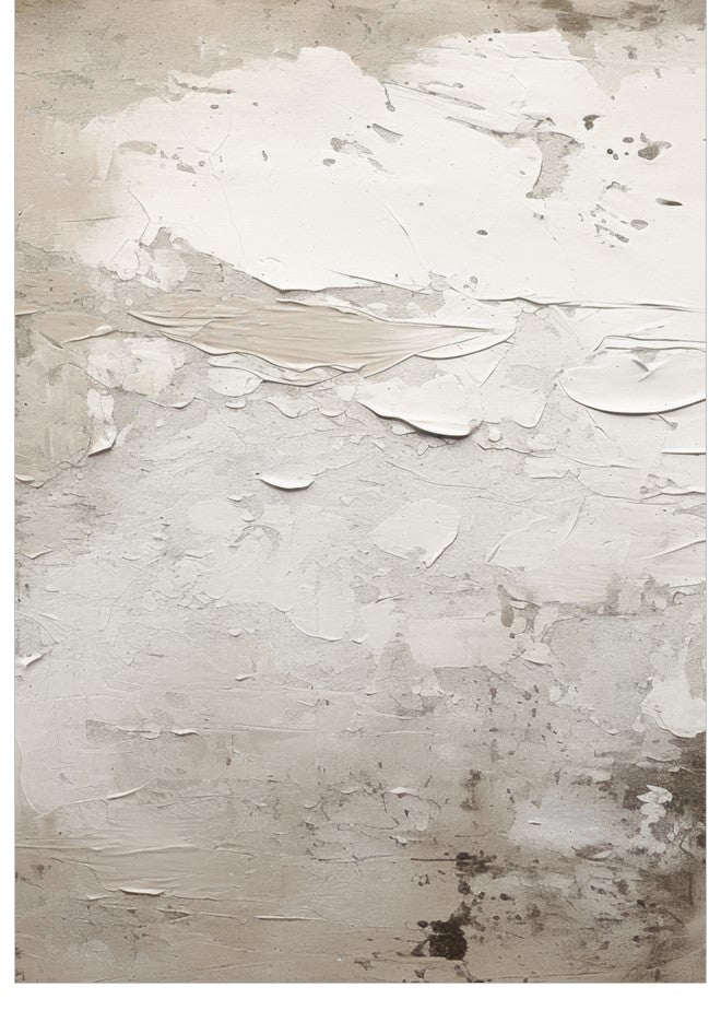 Abstract art with white and gray brush strokes on a textured surface
